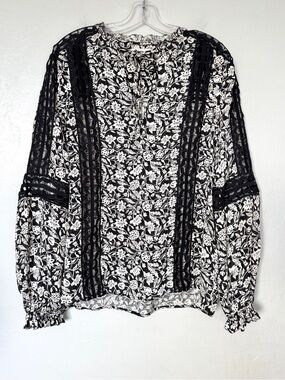 Reiss Florence Lace Inset Floral Print Blouse In Black and White Size 4